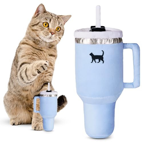 PUPROAR Kitty Cup Tumbler Cat Toy – Funny Cat Birthday Gifts with Catnip & Crinkle Paper, Cute Girl Kitten Toys (Chambray Blue)