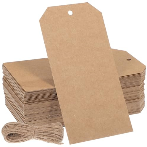 BUGUUYO 200 Stück Kraftpapier String Tags mit Schnur für Versand | Khaki, Papieranhänger mit Jute Twine, Kompakt für Selbstgemacht Projekte und Dekorieren