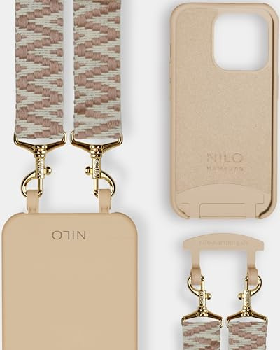 NILO® Set | Handyhülle mit Band, Handyband Brown Pansy mit nudefarbener Handyhülle für iPhone 15 Pro | hochwertige Handykette, verstellbar, mit Karabiner Gold