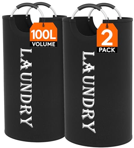 Lifewit 100L 2-Paquetes Cesto Ropa Sucia Grande, Plegable Cubo Ropa Sucia con Mango de Aluminio Adecuado para Toallas de Baño/Edredones de Plumón Dormitorio, Negro