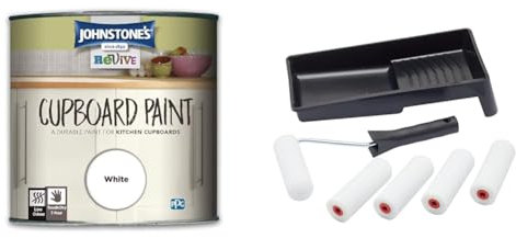 Johnstone's CUPBOARD PAINT WHITE 750ml & Fit For The Job 7 pc Foam Mini Paint Roller Set for Painting with Gloss & Satin