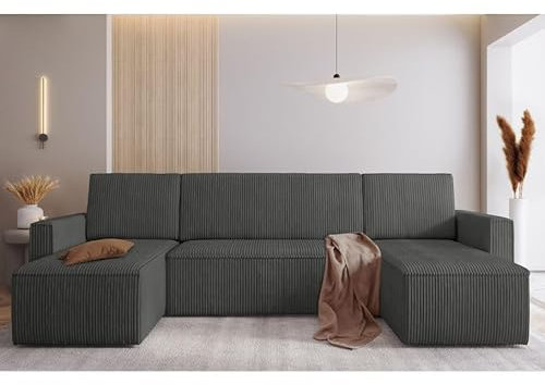 Easy4You Mimir Corduroy U-shaped Corner Sofa Bed 303 x 80 x 145 cm with Sleep Function and Bedding Container - Sofa Bed with Bed Box - Corner Couch with Storage Space - Fabric: POSO 34