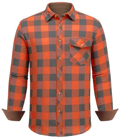DEMEANOR Chemise en flanelle à manches longues pour homme - Chemise en flanelle à carreaux pour homme - Avec poche de poitrine, orange/gris, M