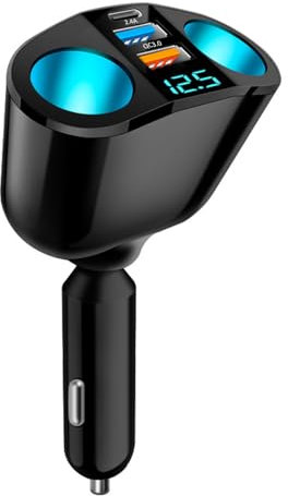 5 en 1 Cargador Mechero Coche, 120W Dual Adaptador Mechero Coche a Enchufe, Cargador Mechero USB Carga Rapida QC3.0+PD+2.4A, con Voltmetro LED, para Android, iOS, Tabletas, GPS, Tacógrafo