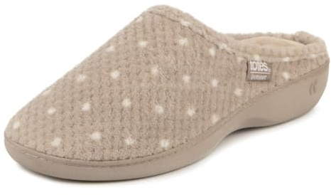 Isotoner® Ladies Popcorn Terry Mule Slippers, Pillowstep® Memory Foam with 360° Surround Comfort, Secret Sole Support, Durable Sole, Machine Washable, Natural Spot, 8 UK