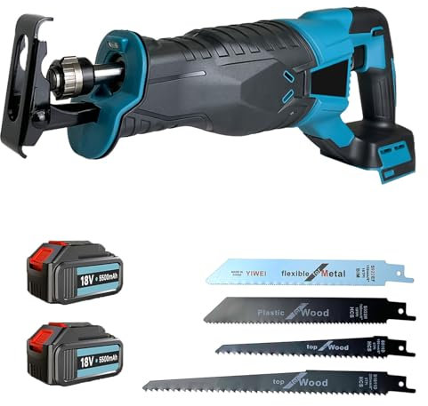 Reciprocating Saw,Compatible with Makita, 350W 21V Variable Speed Cordless Sabre Saw with 2x5500mAh Battery, Reciprocating Saw with Tool Less Blade Change, Variable Speed, w/4 Saw Blades