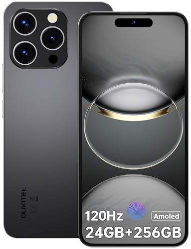 OUKITEL P1 Mobile Phones Android 14, 6.7 FHD+ AMOLED Display Smart Phone 24GB RAM+256GB ROM/2TB, Octa Core, 5150mAh 50MP+32MP, 4G Dual SIM Free Unlocked, Fingerprint&Face ID/GPS/NFC/OTG, Black