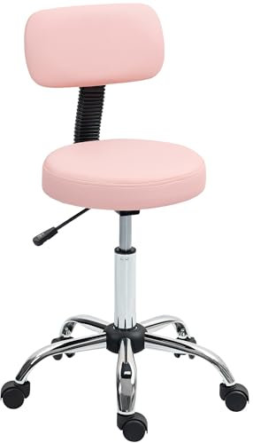 HOMCOM Height Adjustable Rolling Stool with Backrest, Salon Stool Chair with Wheels, Faux Leather Swivel Task Chair for Tattoo, Massage, Facial, Spa, Home Kitchen, Pink
