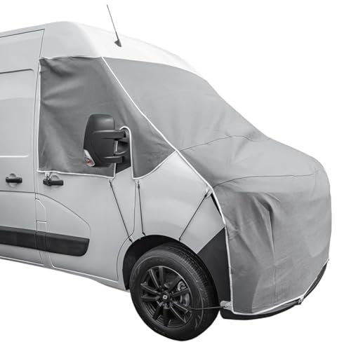 Frontscheiben Abdeckung kompatibel für Verschiedene Marken – Abdeckplane für Wohnwagen mit UV-Schutz 160 GSM Vliesstoff, Spiegelschlitzen & Spanngurten (Kompatibel mit Renault Master ab 04-2010)
