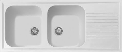 Lavello cucina Provenza bianco 116 x 50 cm 2 vasche e gocciolatoio Made in Italy