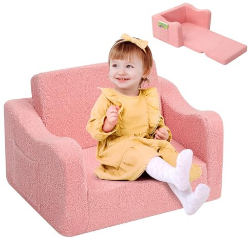 Kidirect Kindersofa Ausklappbar 2 in 1, Kinder Sofa Kinderzimmer aus Teddy mit Schaumstoff, Kindercouch Kindersofa mit 8cm dicken Armlehnen, Sofa Kinder für Kuschelecke Kinderzimmer, Teddy-Stoff Rosa