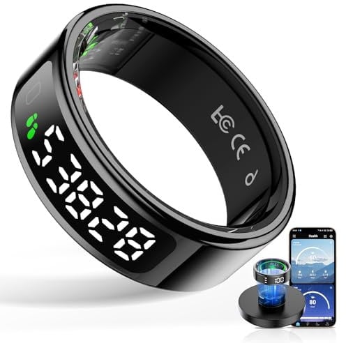Smart Ring Herren, Smartring mit LED Anzeige, Fitness Ring Damen, 5ATM Fitness Tracker Ring mit Aktivitätstracker/ Herzfrequenz/ SpO2/ Schlaf/ Ferngesteuerte Fotografie iOS/ Android (Schwarz, 11)