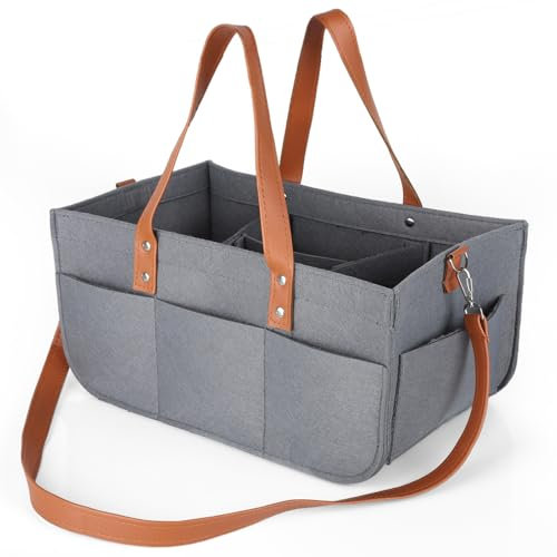 Cozary Filztasche Einkaufskorb Groß 16L mit 3 Einsätzen & Trageriemen – Einkaufskorb, Wickeltasche Organizer, Windeltasche – Robuste Filztasche für Einkauf, Reise & Auto – Grau