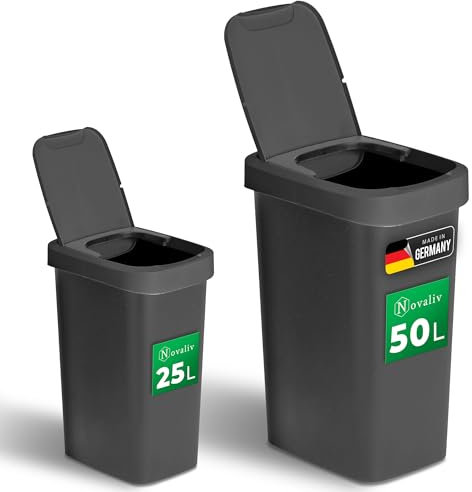 Novaliv Lot de poubelles de 25 l + 50 l, avec couvercle 2 en 1, couvercle à charnière et couvercle basculant, poubelle anti-odeur, pour cuisine, maison, bureau, poubelle à déchets, poubelle en