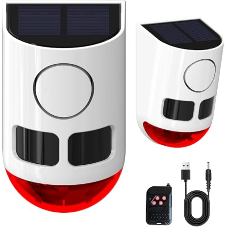QXMH Solar Outdoor Bewegungsmelder Alarm-110db Lauter Geräuschemacher, 4 Arbeitsmodi Stroboskoplicht mit USB für Zuhause, Villa, Hof, Hühnerstall, Bauernhof, Scheune 2 PCS