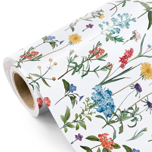 RUSPEPA Blumen-Geschenkpapierrolle – Mini-Rolle – 43,2cm x 5m – Wildblumen-Geschenkpapier, Perfekt Für Mädchen Und Frauen, Geburtstag, Hochzeit, Brautparty