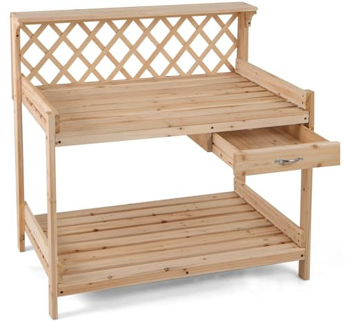 TANGZON Garden Potting Table, Solid Fir Wood Planting Workstation with Versatile trellis, Drawer, Raised Edge, Top & Lower Shelf, Wooden Flower Potting Bench for Backyard Balcony Lawn