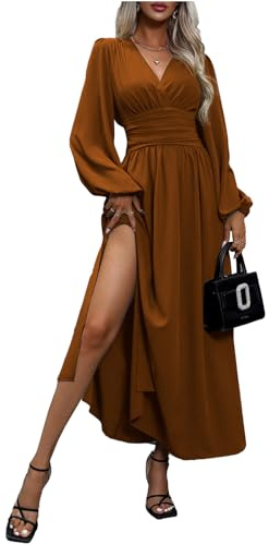 LUVCES Robe Femme Elegante Col en V Taille Haute Robe Longue Plissée Manches Lanternes Fente Latérale Froncée Robes Longue de Cocktail Soirée Party