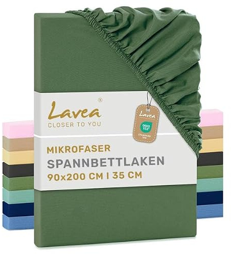 Lavea® 1er Set Spannbettlaken 90x200 cm - Olivgrün | Mikrofaser, Bettlaken mit Rundumgummi, für Matratzen bis 20 cm, atmungsaktiv und kühlend, pflegeleicht, Spannbetttücher