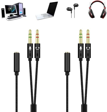 Zenvorial 2psc 2 in 1 Headphone Mic Splitter, 3.5mm Female to 2 Dual 3.5mm Male Cable, Microphone Splitter Adapter, for Gaming Headset, Earphone, Speaker, Desktop, Laptop(Black) (SIZE:3.5mm)