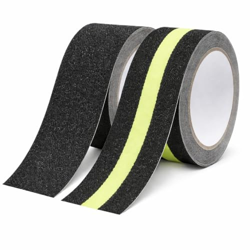 Cinta Adhesiva Antideslizante Escaleras Suelos-Pack Combo 2 Rollos 5cm x5m Negro+Fluorescente(brilla en la oscuridad)-Interior y Exterior Fácil Instalación Resistente al Agua