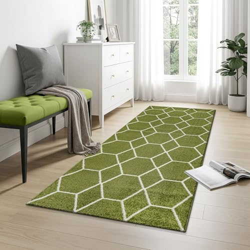 SANAT Wohnzimmerteppich – Pflegeleicht, für jeden Raum geeignet – Öko-Tex zertifizierter Flächenteppich – Trellis Muster, Grün, 60 x 110 cm