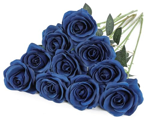 10 Stück Künstliche Rosen Fake Seidenrose für Hochzeits und Heim Dekor | Marineblau Stiel Realistische Rosen 54cm Schaumrosen für DIY Bastelblumen Hochzeits Brautsträuße, Arrangements Dekor