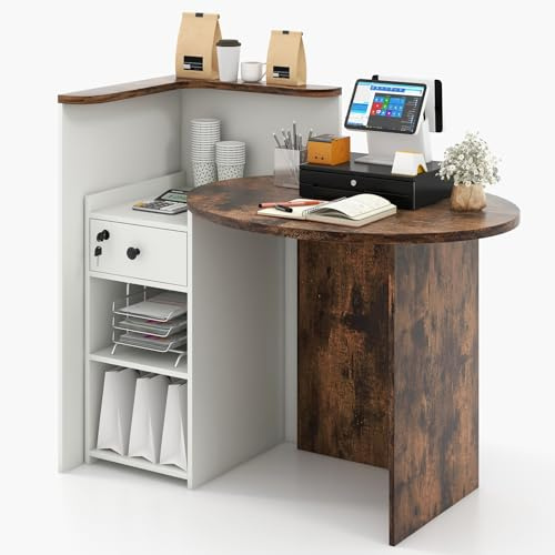 GIANTEX Empfangstheke, Rezeptionstheke mit abschließbarer Schublade & 3-stufig verstellbares Regal, L-förmiger Empfangstresen für Unternehmen, Lobby & Laden, 120 x 70 x 100 cm (Braun + Weiß)