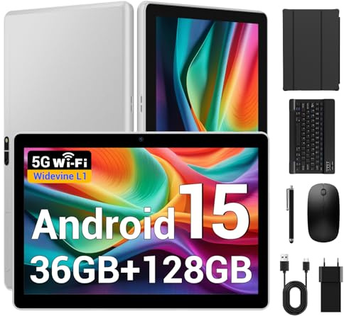 BEYNIVAN Tablet da 10 pollici, Android 15, tablet 5G WiFi, 36 GB RAM + 128 GB ROM/8000 mAh/BT 5.0/TÜV/USB-C, tablet con tastiera + mouse + custodia, grigio