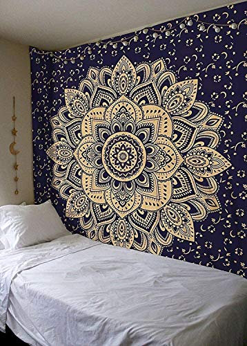 Popular Handicrafts Wandteppich für Schlafzimmer, Wandbehang, Ombré-Mandala, Bohemian, Hippie, aufwendige indische Wandteppiche, Tagesdecke, 215 x 230 cm, Blau