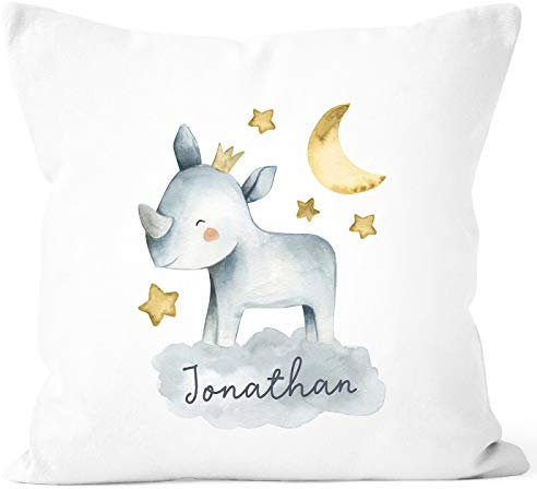 SpecialMe® Kissen-Bezug mit Namen Wunschname Tier-Motive Nashorn Löwe Elefant Watercolor Namenskissen Kinder Baby Nashorn weiß Unisize
