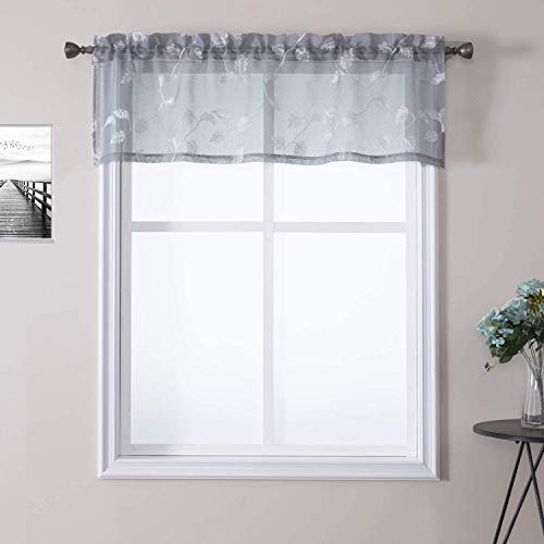 LinTimes Cortina de Disco con patrón de Hojas Bordadas Cortina de Tienda de Ventana pequeña Cortinas de Media Gasa para baño de Cocina, 132 * 37 cm (52 ​​x 15 Pulgadas), Gris