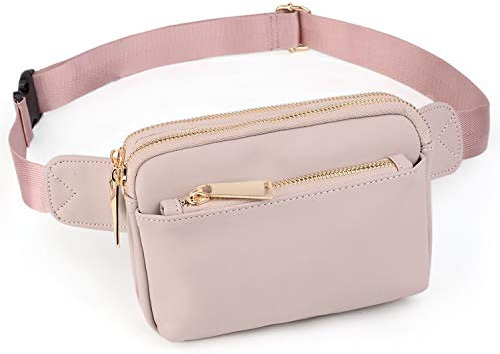 UTO Bauchtasche Hüfttasche für Herren und Damen PU Leder Mode Schlanke leichte Wasit Pack Tasche mit 3 Reißverschlusstaschen Hellrosa