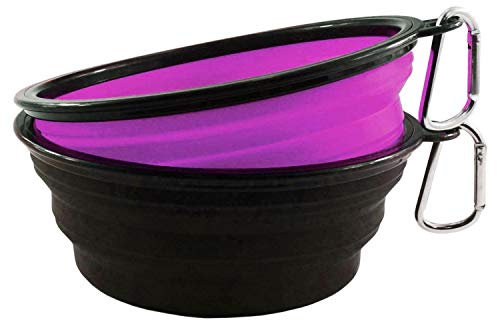 HIINMAY Large Silicone Collapsible Travel Dog Bowl Waterproof Pet Bowl, Pack of 2 (Purple+Black)