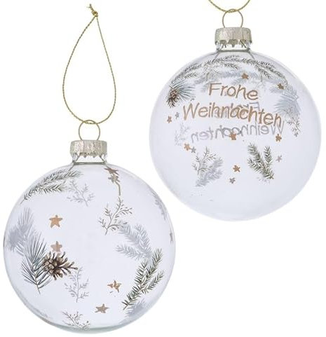 2 STK Glas Weihnachtskugeln XL 8cm Klar Weiss Grün Gold Farben Frohe Weihnachten b645 Christbaumschmuck Weihnachtsschmuck Anhänger Clear Geschenkset Weihnachtsdeko Christbaum Glaskugeln
