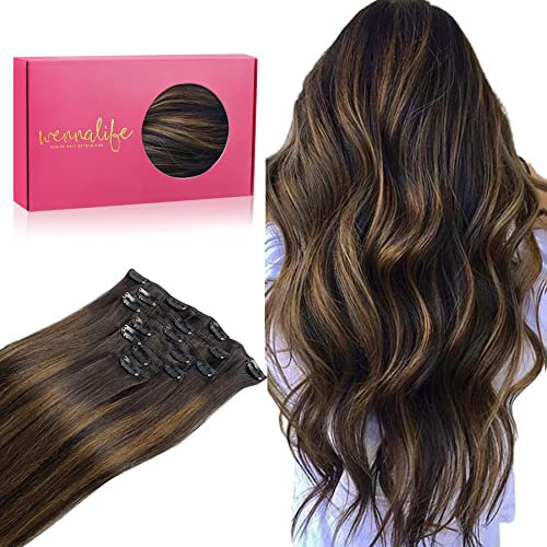 WENNALIFE Clip in Extensions Echthaar, 35cm 14 Zoll 120g 7pcs Balayage Dunkel Braun to Chestnut Braun Hair Extensions Clip in Echthaar Remy Clip in Haarverlängerung Natürliche Echthaar Extensions