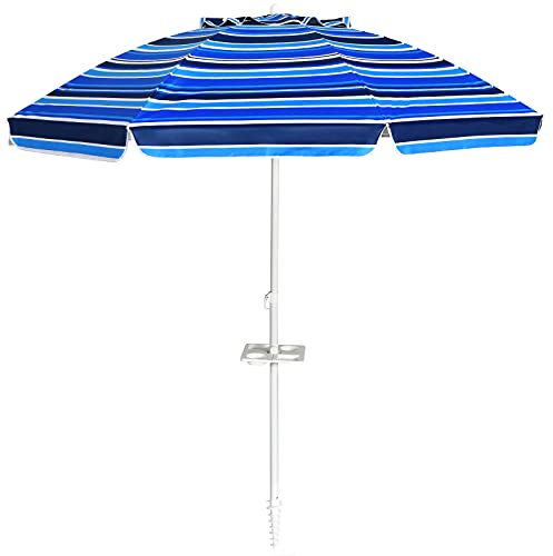 COSTWAY Parasol de Plage avec Porte-Gobelet, Parasol de Jardin Extérieur Inclinable, 200cm, Rond, Protection Solaire UPF50+, avec Pied d'ancrage à Visser & Sac de Transport (Bleu foncé)