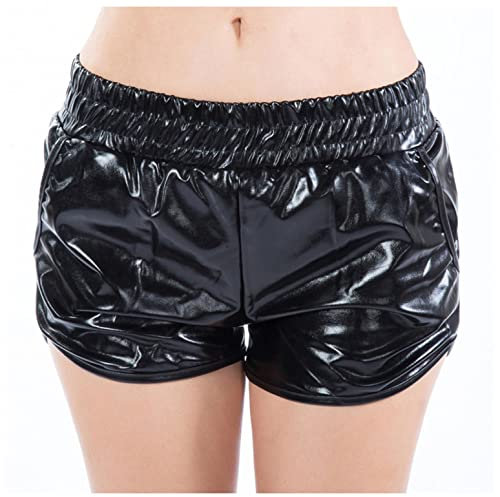 Zhiyao Damen Yoga Hot Shorts - Glänzende High Waist Metallic Kurze Hose PU Leather Elastic Taille Shiny ShortsPants Mit Gummizug Sparkly Hot Kordelzug Booty Dance