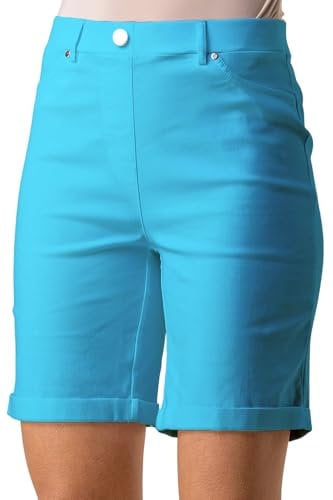 Roman Originals Stretch Shorts for Women UK Ladies Pull On Turned Hem Cut Off Bengaline Mom Boyfriend Boy Denim Casual Cropped Pants Capri Slim Fit Turn Up Summer Crops Mother - Turquoise - Size 10