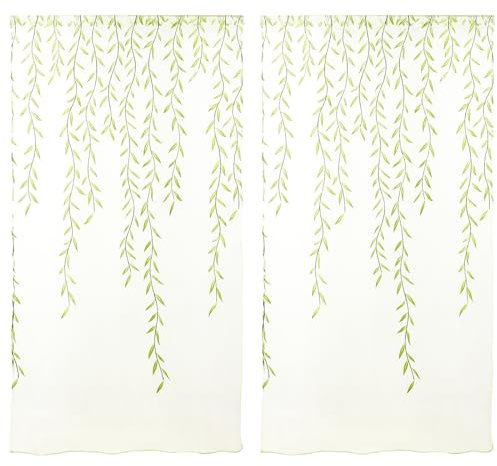 Green Voile Curtains, Willow Leaf Voile Curtains Rod Pockets Drapes Tulle Sheer for Bedroom, Living Room, Balcony Room Decoration 78 x 39inch