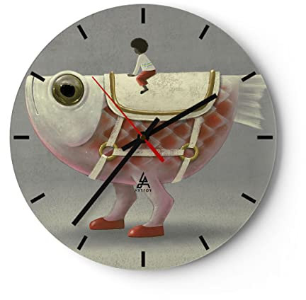 Modern Wanduhr Surreal Fisch Kind 40x40cm Rund Groß Wand Uhr Glas Analog Zimmeruhren Küche Büro Wohnzimmer Glasuhr Wall Clock Dekoration Design Wanddekoration Küchenuhr C3AR40x40-4897