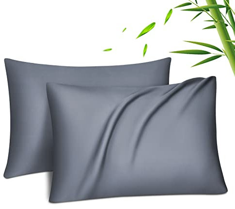 Fittia 2er-Set Lyocell Bambus Kissenbezug Bambusfaser Kopfkissenbezug Kissenhülle Seidig weichkühlend atmungsaktiv mit verdecktem Reißverschluss Grau 50x70cm