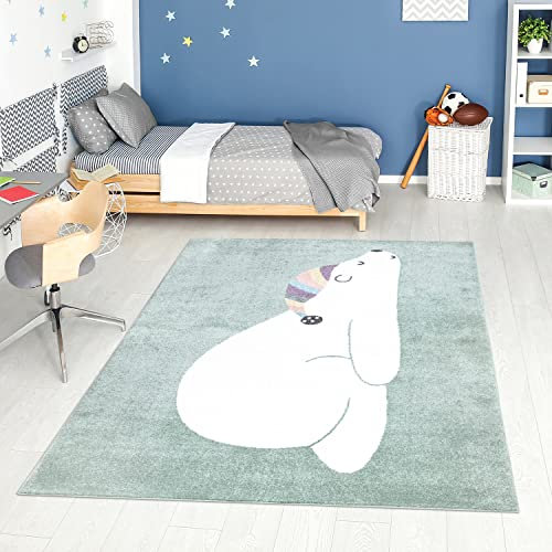 carpet city Teppich Kinderzimmer Tier-Motiv - Mint-Grün - 120x160 cm - Kinderteppich Kurzflor Bär mit Schlafmütze - Weicher Flor