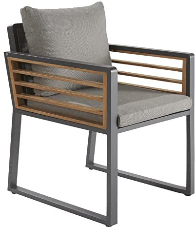 NATERIAL - Gartenstuhl IONIS mit Armlehnen - 1 x Gartensessel - Stapelstuhl - Mit Sitzkissen - Stapelbar - 56 x 65,5 x 77,5 cm - Aluminium - Teak FSC - Dunkelgrau - Terrassenstuhl - Essstuhl