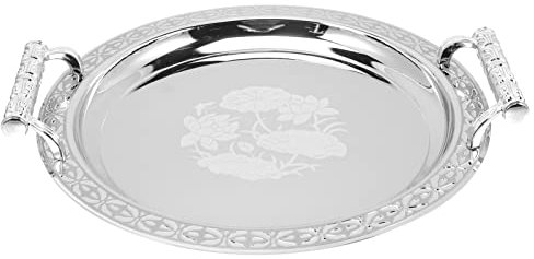 Cabilock Round Silver Stainless Steel Serving Tray with Handles, European Style Dessert Plate for Home, Hotel, Buffet, Tea, Coffee, Fruit, and Cake