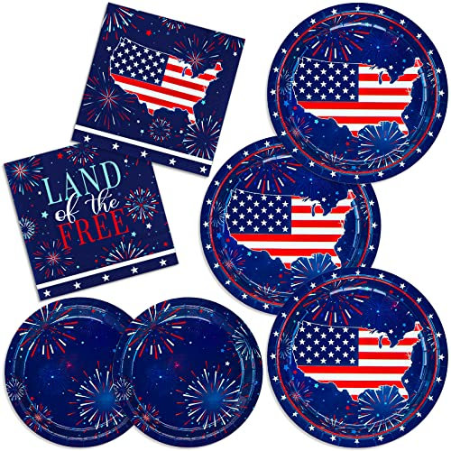 ECOHOLA Independence Day American Party Supplies, Patriotisches Feuerwerk Einwegservietten und Pappteller für den vierten Juli Wahltag Unabhängigkeitstag Juli 4. Dekorationen, Serve 50
