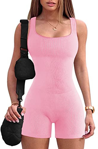 JN JANPRINT Jumpsuit Damen Kurz Eng Yoga Bodysuit Overall Stretch Bodycon Tank Top Sommer Romper Sexy One Piece Bodycon Ärmellose Sportanzug Einteiler Ganzkörperanzug Trainingsanzug(Rosa,L)
