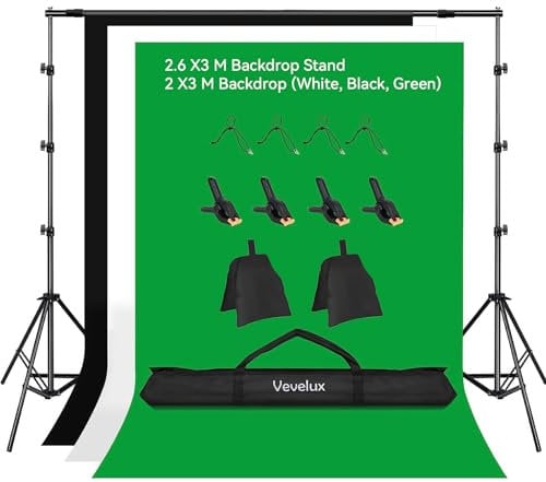 Vevelux 2.6 X 3 M / 8.5 X 9.8 FT Adjustable Backdrop Stand Kit with 2 x 3 M Backdrops (White, Black, Green), 8 Clamps & 2 Sandbag, Background Stand Support System for Portrait Product Video Shooting