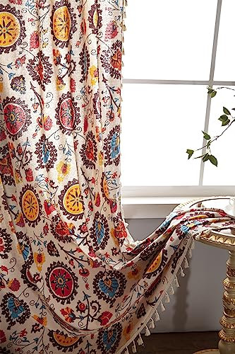 Freyamy Boho Blumen Vorhang 220x150cm 2er Set Scheibengardinen Vintage Bunt Landhausstil Gardinen mit Beige Quasten Lichtdurchlässig Geometrisch Transluzente Vorhänge Blickdicht Kinderzimmer