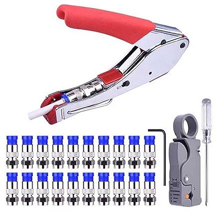POFET Koaxialkabel-Crimpzangen-Set, Koaxialkabel-Abisolierzangen-Werkzeugsatz mit 20-teiligem F-Kompressionsstecker für Koaxialkabel RG6 und RG59